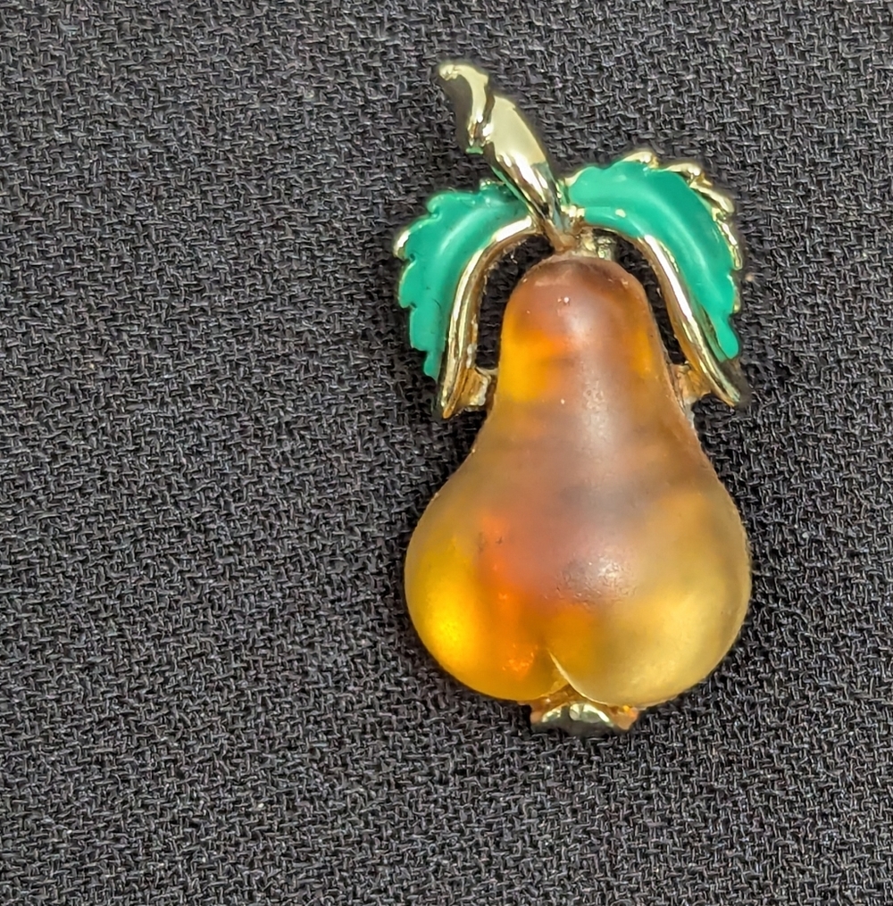 Austrian Vintage Pear Brooch Frosted Glass Goldtone Green Enamel